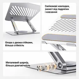 Настільна підставка для ноутбука UGREEN LP876 для діагоналей 11–17,3″ з обертанням на 360° з регулюванням висоти до 178 мм з регулюванням нахилу навантаження до 5 кг також для планшета складана із протиковзними силіконовими накладками з отворами для вентиляції космічний сріблястий (45418) - мініатюра 2