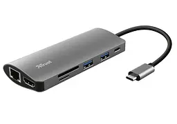 Хаб Dalyx 7-IN-1 USB-С > 2xUSB-А 3.2/USB-С/HDMI/Ehernet/SD/microSD Алюміній 0.25м Сірий Trust teh0018502