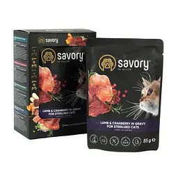 Набір вологих кормів Savory 3+1 для стерилізованих кішок, ягня з журавлиною в соусі, паучі, 4 шт. 85 г