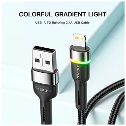 Дата кабель USB 2.0 AM to Lightning 2.0m 2.4A LED black Essager (EXCL-XCDA01) - мініатюра 4