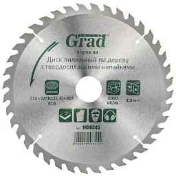 Диск пильний Grad по дереву з твердосплавними напайками 210×32(30;25.4)×40T GRAD (1958345) (1958345)