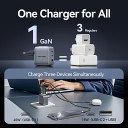 Зарядний пристрій Vention 2xUSB-C PD70W + 1xUSB QC3.0 22.5W GaN + cable USB-C to USB-C 1.0m black gray (TZ-FEXH0-EU) - мініатюра 10