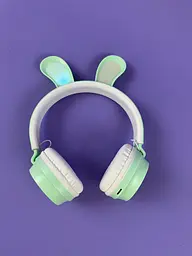 Навушники дитячі бездротові, зелені Bluetooth з заячими вушками, багатокольорове підсвічування, акумулятор 400 mAh - мініатюра 3