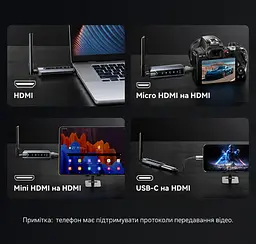 Бездротовий HDMI Vention 1 передавач і 1 приймач 1080p 60 Гц до 200 м на відкритій місцевості потрібне живлення модулів через USB-C кнопка паузи та відновлення трансляції дублювання екрана розширення екрана за підтримки комп’ютером із заводським спарюванням сіро-чорний (ADPH0-1) - мініатюра 7