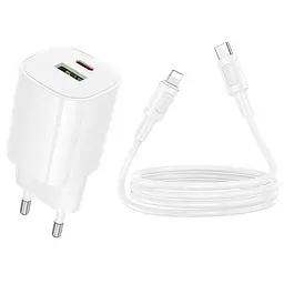 МЗП Borofone BA104A Pudding PD20W+QC3.0 (1USB-A/1C) + кабель Type-C to Lightning White - мініатюра 3