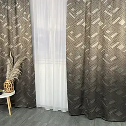 Жакардові штори "геометрія" коричневого кольору 2шт. 150х270 з білим шифоновим тюлем 400х270, на тас ALBO pbe0052783 - мініатюра 5