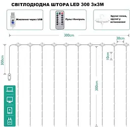 Гірлянда штора крапля роси Sun Lamp 3х3 м 300 LED з пультом та USB живленням RGB - мініатюра 4