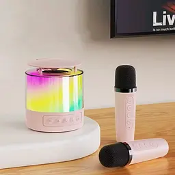 Портативна блютуз-колонка караоке Smart portable speaker K-19 5W, Рожевий, музична колонка з мікрофонами - мініатюра 5