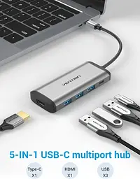 Хаб USB 5-in-1, Grey, Type-C 3.2 - 1xType-C (100 Вт) / 3xUSB 3.0 / HDMI 4K Vention teh0019594 - мініатюра 2