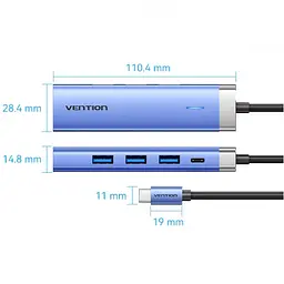 Док-станція USB3.1 Type-C --> HDMI/USB 3.0x3/PD 100W Синій Aluminum Alloy Hub 5-in-1 Vention - мініатюра 4