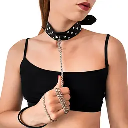 Нашийник з повідцем із натуральної шкіри із заклепками Art of Sex - Jenna Collar with Leash, чорний Art of Sex SO6698 95290 - мініатюра 1