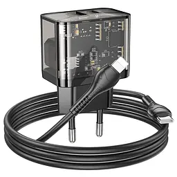 Зарядний пристрій Hoco N34 USB/ Type-C QC PD 20W прозоро-чорний + кабель Type-C to Lightning - мініатюра 7