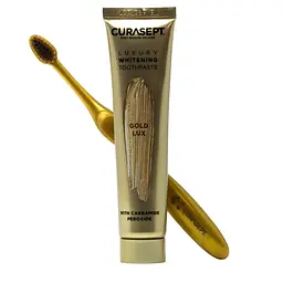 Зубна паста CURASEPT LUXURY WHITENING GOLD, відбілююча, 75 мл + зубна щітка, косметичка - мініатюра 2