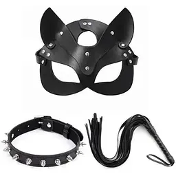 BDSM маска кішки + чокер з шипами + батіг