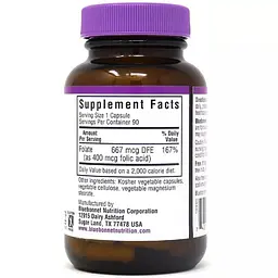 Фолієва кислота Bluebonnet Nutrition 400 мг 90 вегетаріанських капсул - мініатюра 2