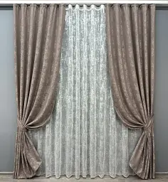 Комплект штор с тюлем VR-Textil Жаккард Мрамор, какао с белым, 2 шторы 150×270 см + тюль 400×270 см, арт. 71-008/3