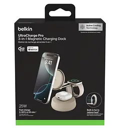 Зарядний пристрій бездротовий Belkin UltraCharge Pro 3-in-1 Magnetic Charging Dock 25Вт, Sand - мініатюра 7