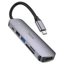 USB-хаб Hoco HB28 Type-C multi-function converter(HDTV+USB3.0+USB2.0+SD+TF+PD) Metal Gray