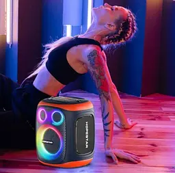 Портативна акумуляторна бездротова колонка Bluetooth 2 мікрофона караоке акустична система 120Вт з LED світломузикою Hopestar Party 130 чорний - мініатюра 5