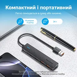 USB-хаб Vention USB 3.2 Gen 2 штекер USB-A к хосту 2 USB-A и 2 USB-C для данных все 4 порта работают одновременно до 10 Гбит/с при поддержке хостом и периферией телефон как хост требует OTG и соответствующего OTG-переходника Windows Linux macOS Android iOS iPadOS без драйверов отдельный вход USB-C 5 В 2 А только для питания хаба без данных LED-индикатор защита от перегрузки короткого замыкания и обратного тока встроенный кабель 0,15 м чёрный (CHSBB) - миниатюра 9