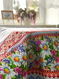 Скатертина Ecotton 150х200 см бавовняна з рогожки Ромашки 18825/1 в Українському стилі Орнамент (23647)