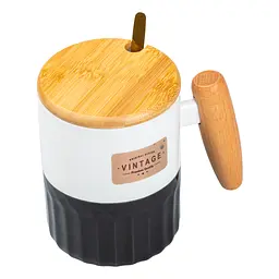 Чашка порцелянова 400 мл Vintage з бамбуковою кришкою та ложкою, чорний з білим Happy Life HP7204B - мініатюра 11