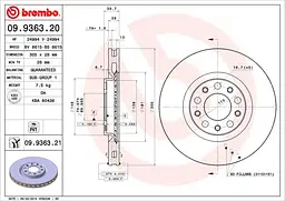 Диск гальмівний передній вентильований Alfa Romeo 159, Giulietta 05-25р Brembo (09.9363.21) - мініатюра 2