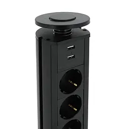 Мережевий фільтр вбудований в столешнішцу, 3 Розетки + 2 USB, перетин 3х0,75мм, 16А, 250V, 2 м, Black, круглий, діаметр 80мм, Box - мініатюра 4