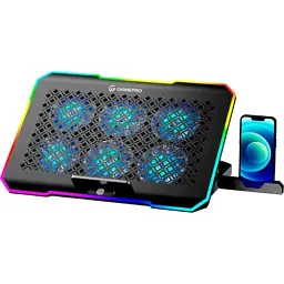 Підставка для ноутбука до 15.6" GamePro CP660, Black, 6 x 70 мм (2400 об/хв), сенсорне RGB підсвічування, 5 рівнів висоти, 2xUSB, знімний тримач для смартфона, металева сітка, 360 x 255 x 25 мм, 900 г