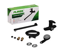 Змішувач для ванни Plamix CEZAR-006 EURO SET Matte black, зі шлангом, лійкою та кронштейном (PM0690) - мініатюра 7