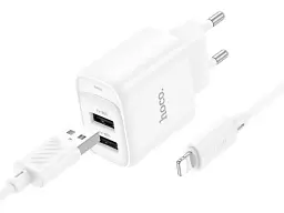 Мережевий зарядний пристрій Hoco C141A Smart dual-port Type-A to Lightning cable White (6942007627870)