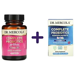 Набір: пробіотики для жінок Dr. Mercola Complete Probiotics for Women 70 Billion CFU 30 капсул + пробіотики для дітей Dr. Mercola Complete Probiotics зі смаком малини 30 пакетів