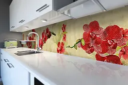 Кухонний фартух Гілки Червоних Орхідей вінілова наклейка ПВХ квіти бежевий 60х300 см Happy Pocket Z180773