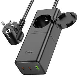 Мережевий подовжувач Hoco NS4 Sharp PD65W/2C1A desktop socket EU/GER Чорний - мініатюра 2
