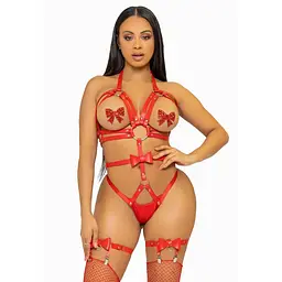 Портупея-тедді з ременів Leg Avenue Studded O-ring harness teddy S Red, екокожа