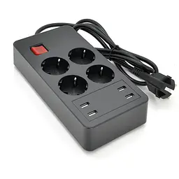 Мережевий фільтр на 4 розетки + 4 USB виходи 5V-2.4A, кнопка включення з індикатором, 16A, 250V/4000W, Black
