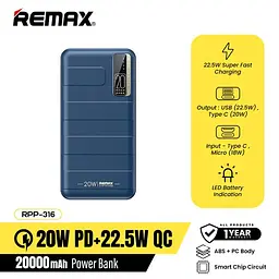 Портативна універсальна батарея - акумулятор REMAX RPP-316 Noah Series 20000 мА·год синій - мініатюра 6