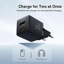 Зарядний пристрій Baseus Palm Fast Charger C+U 30W EU Cluster Black (with Mini White Cable USB-C to USB-C 60W (20V/3A) 1m) (P1011160A113-01) - мініатюра 5