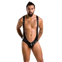 Чоловіче відкрите боді Passion 027 BRUNO XXL/XXXL Black, під латекс, на шлейках - мініатюра 3
