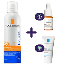 Набір La Roche-Posay: сонцезахисний спрей-міст La Roche-Posay для обличчя та тіла SPF 50+ 200 мл + крем-гель Lipikar Syndet АР+ для сухої шкіри 15 мл + сироватка-антиоксидант Пюр Вітамін С12 для шкіри обличчя 10 мл