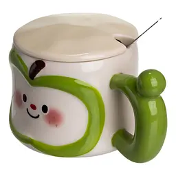 Чашка порцелянова Cute Apple 400 мл з кришкою та ложкою зелений FM-25A - мініатюра 4