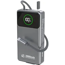 Універсальна мобільна батарея Dudao 20000mAh K31 Pro 45W PD,QC USB-A,USB-C In/Out,with built-in USB-C/Lightning cables Сірий