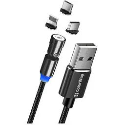 Дата кабель USB 2.0 AM to Lightning + Micro 5P + Type-C 1.0m Magnetic Ro ColorWay (CW-CBUU037-BK)