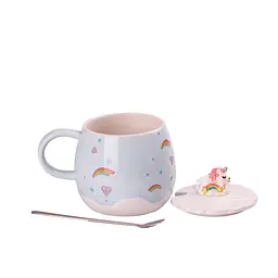 Чашка керамічна Happy Life Rainbow з кришкою та ложкою блакитна 400 мл HPCY8278BL - мініатюра 2