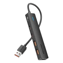 USB-хаб Vention USB 3.2 Gen 2 штекер USB-A до хоста 2 USB-A та 2 USB-C для даних усі 4 порти працюють одночасно до 10 Гбіт/с за підтримки хостом і периферією телефон як хост потребує OTG та відповідного OTG-перехідника Windows Linux macOS Android iOS iPadOS без драйверів окремий вхід USB-C 5 В 2 А лише для живлення хаба без даних LED-індикатор захист від перевантаження короткого замикання та зворотного струму вбудований кабель 0,15 м чорний (CHSBB)