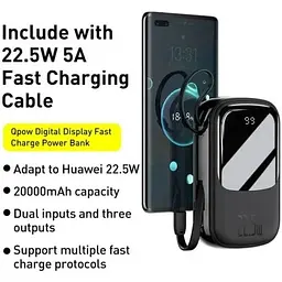 Зовнішній акумулятор Baseus Qpow 20000 mAh 22.5w вбудований кабель USB-C (PPQD-I01) чорний - мініатюра 6