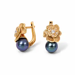 Сережки з жовтого золота з чорними перлами S-0399