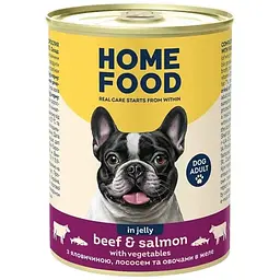 Повнораціонний консервований корм Home Food для дорослих собак з яловичиною, лососем та овочами в желе 360 г