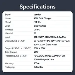 Зарядний пристрій Vention 2xUSB-C PD 45 Вт GaN прозоро-білий (FCFW0-EU) - мініатюра 2