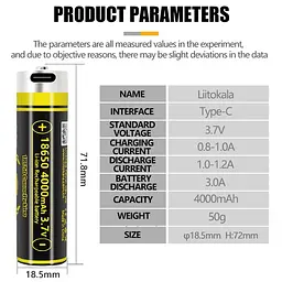АкумуляторLiitoKala 18650 4000mAh 3.7V Li-ion KING4000 Type-C (2663308014) - мініатюра 4